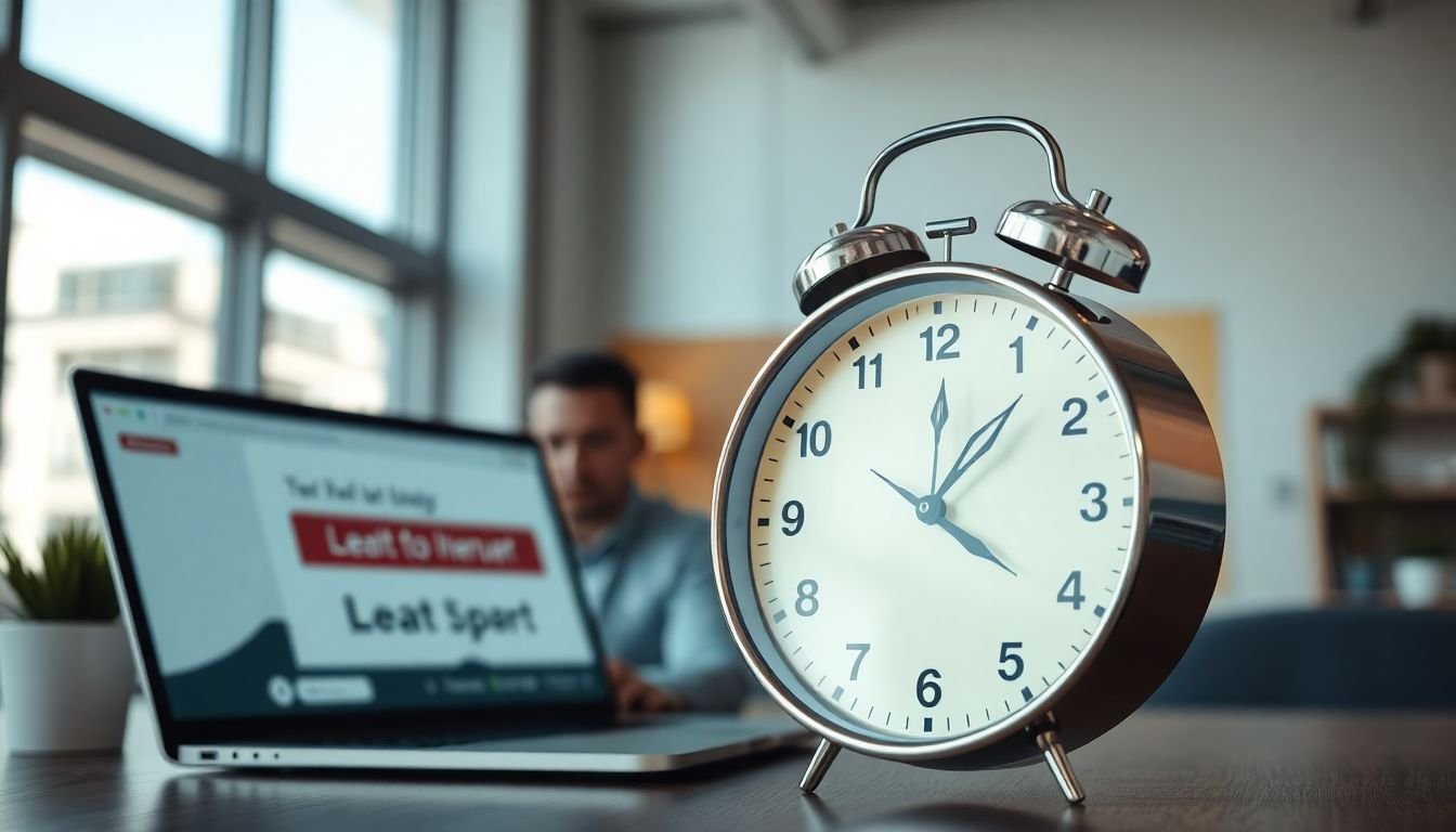 Clock showing 5 minutes with real estate agent responding to lead on laptop, urgency visual, modern office
