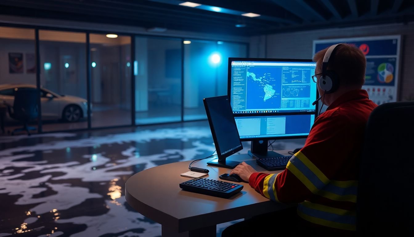 Water damage restoration emergency call center at night, coordinator on headset routing overnight emergency dispatch