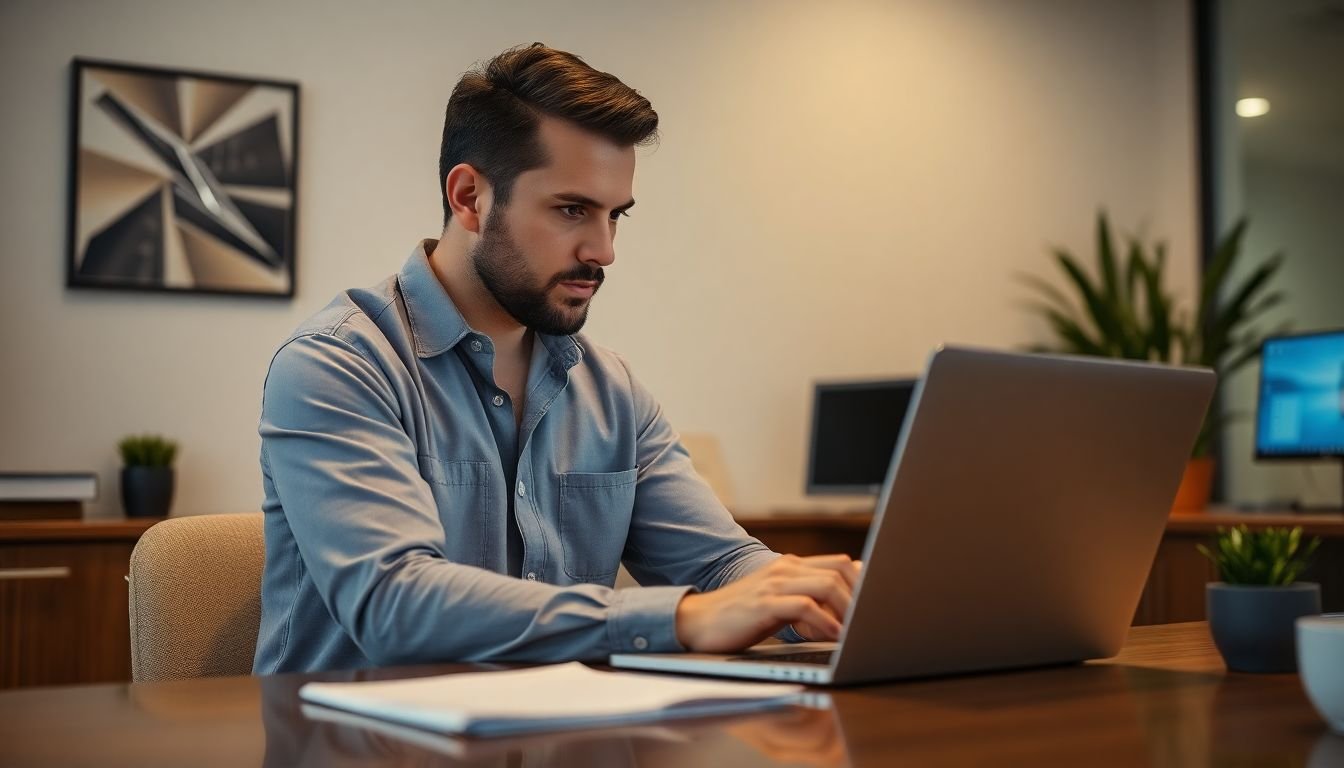 Restoration company owner reviewing after-hours jobs recovered via AI intake on laptop, revenue numbers on screen, Tampa Florida office