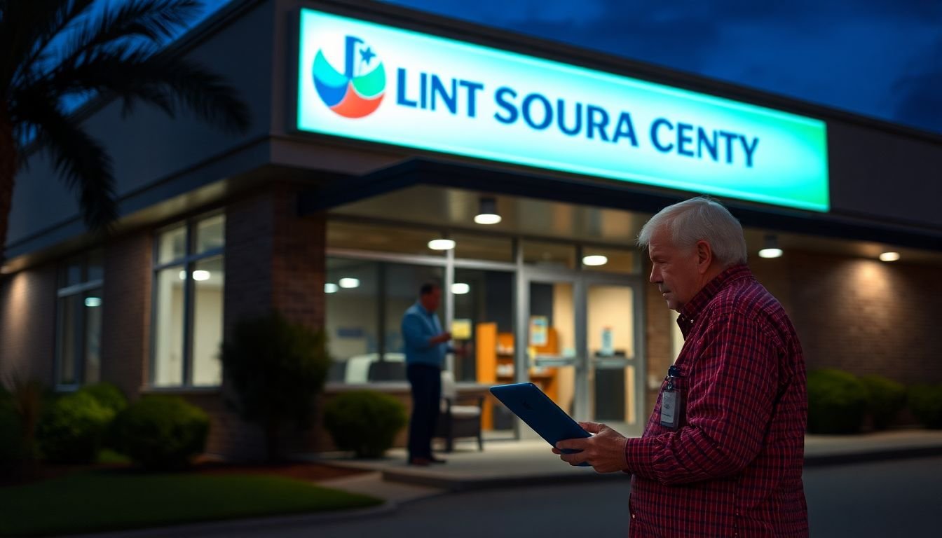 Harris County Joint Processing Center exterior at night, family member on phone with attorney, Houston Texas