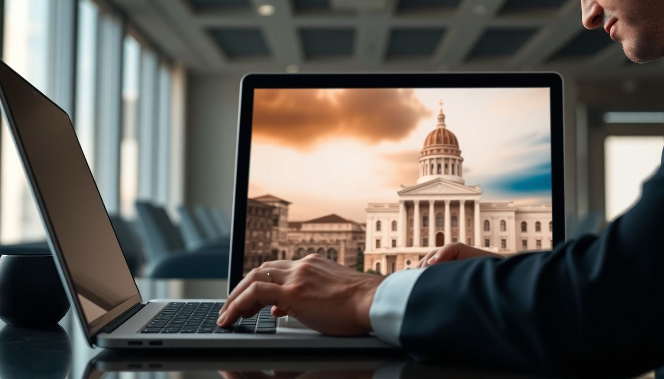 Criminal defense attorney reviewing weekend case acquisition improvement on laptop Monday morning, Harris County courthouse visible