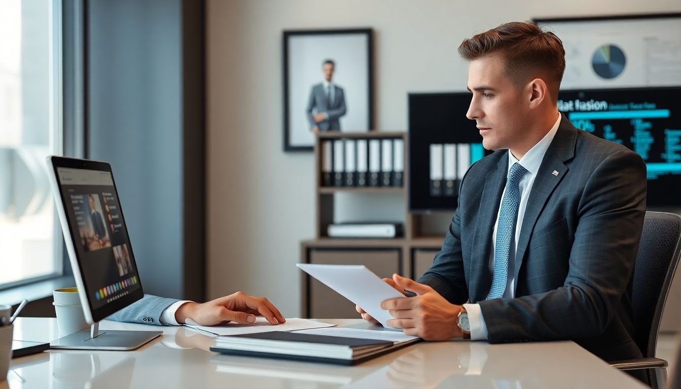 Personal injury law firm partner reviewing monthly intake conversion improvement from AI system, Houston Texas corner office