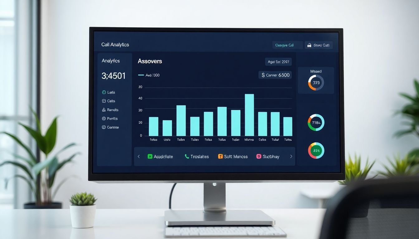 Service business call analytics dashboard showing answered vs missed calls bar chart on monitor, small office setting