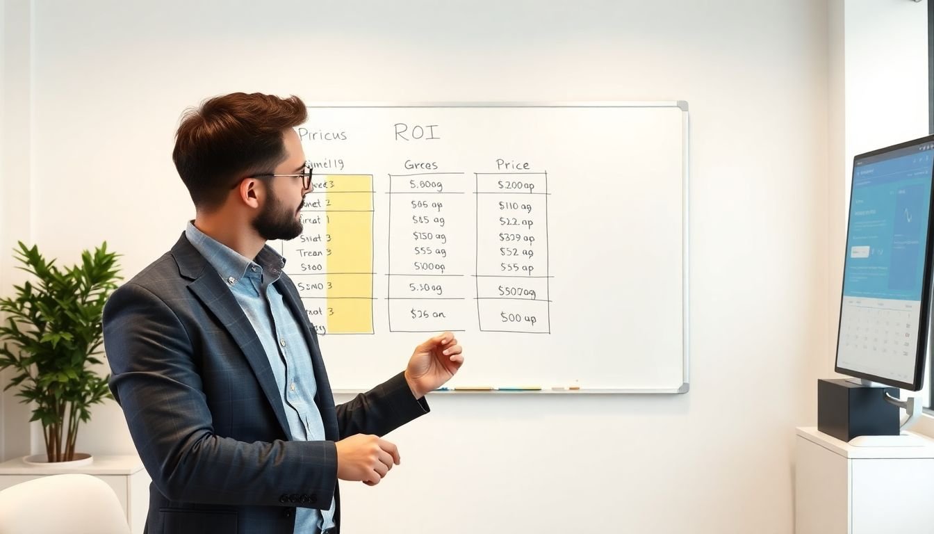 Business owner comparing two pricing columns on whiteboard, ROI calculation visible, clean modern small business office