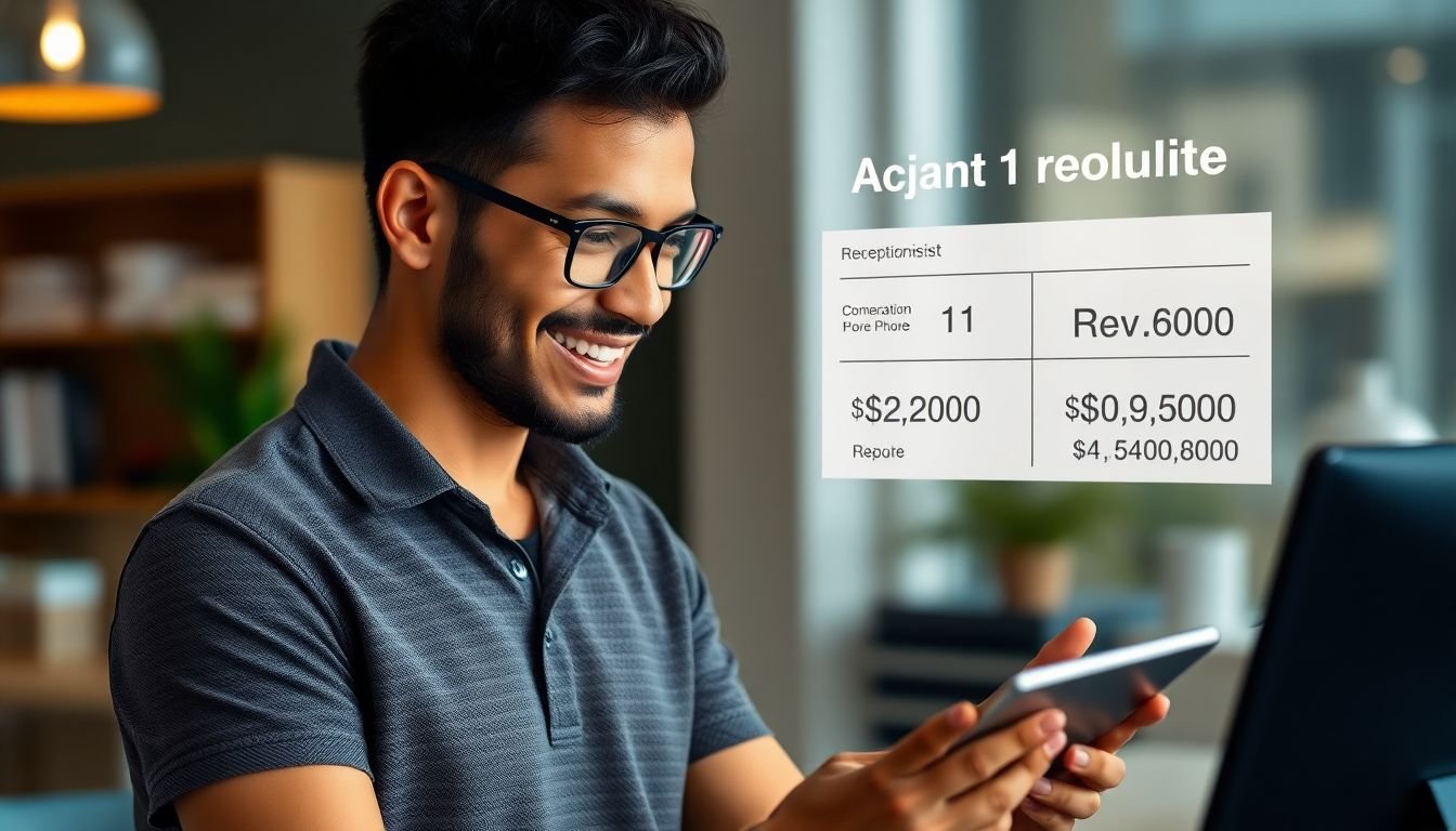 Small business owner reviewing 12-month ROI calculation showing AI receptionist cost vs revenue recovered, satisfied expression