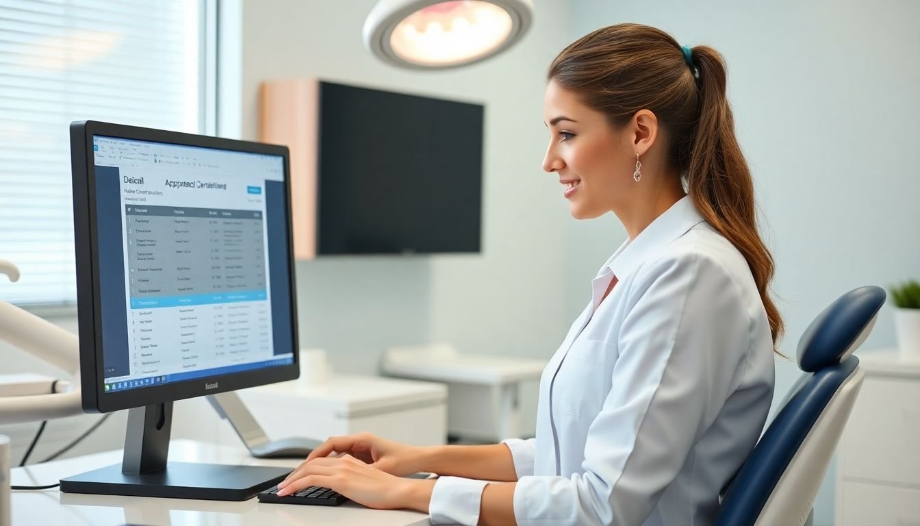 Dental receptionist reviewing automated recall appointment confirmations on computer, patient list visible, bright clean dental office