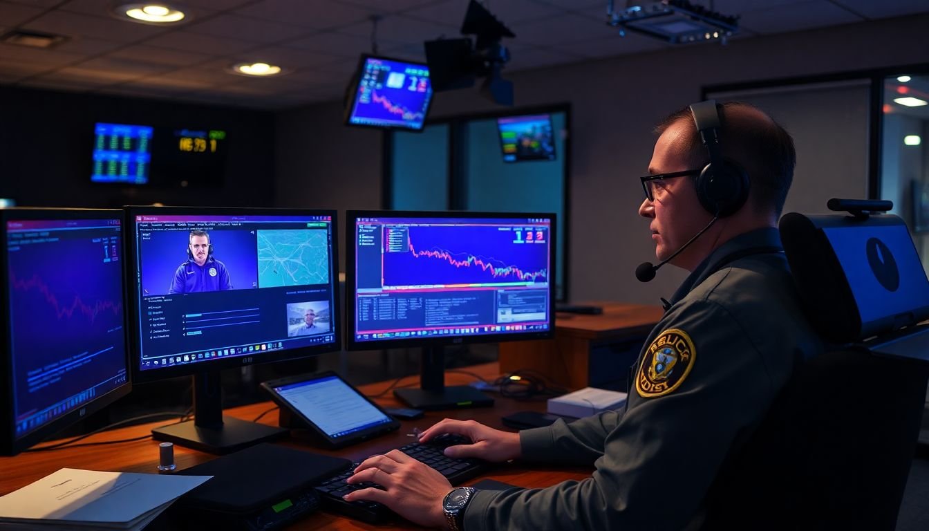 Emergency service dispatcher at computer workstation routing urgent call, multiple monitor setup, Phoenix Arizona office