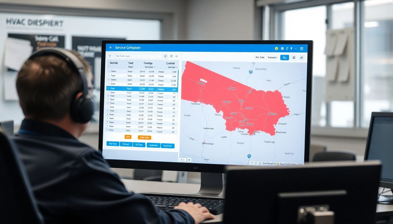HVAC dispatcher routing service call on computer screen showing scheduling software, service territory map visible