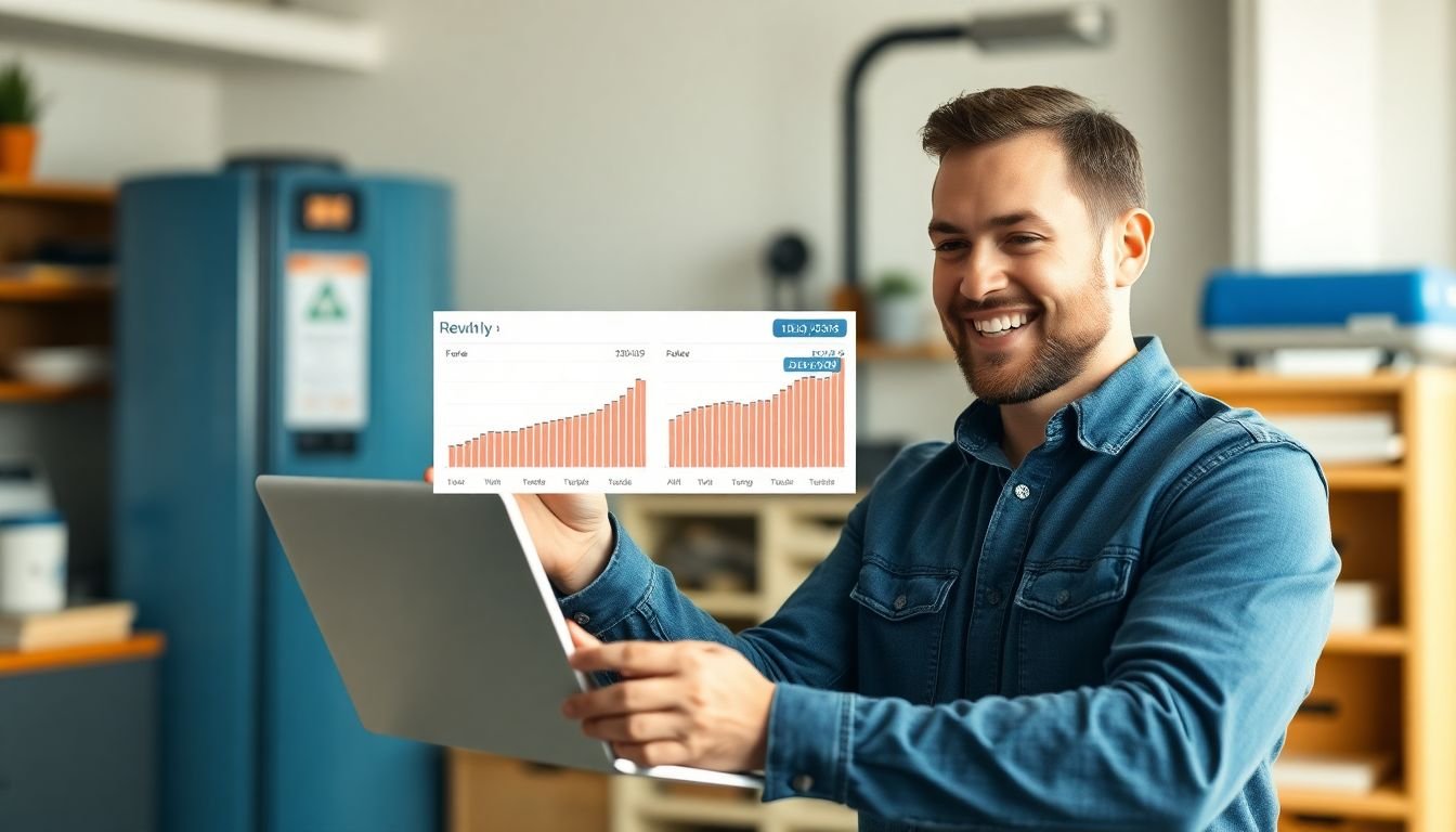 HVAC business owner reviewing monthly revenue increase on laptop showing before-and-after comparison after AI receptionist implementation