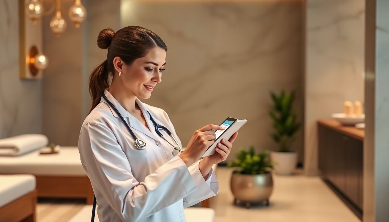 Med spa coordinator reviewing automated booking confirmations on tablet, luxury spa environment, River Oaks Houston Texas