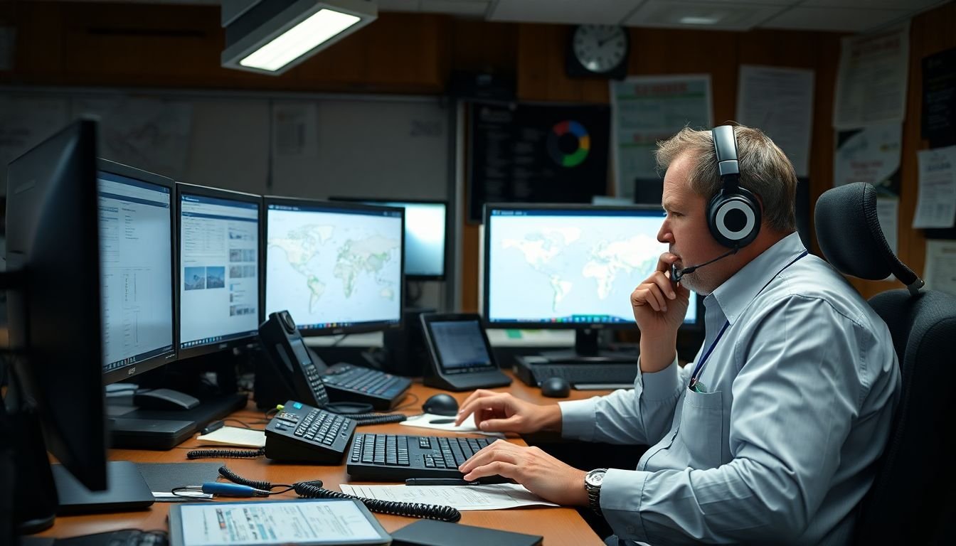 Roofing company dispatcher fielding multiple calls at desk during storm season, stressed but organized, multiple phones and screens