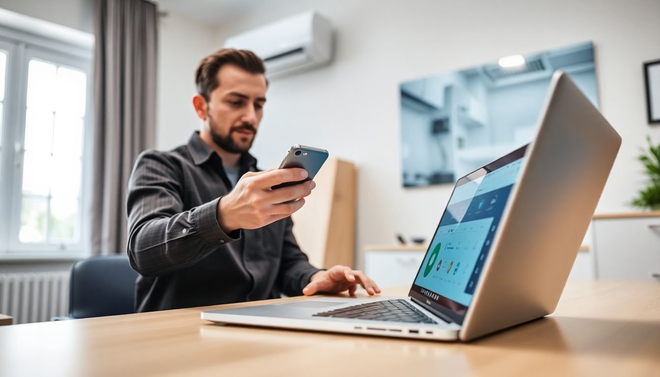 HVAC business owner testing phone automation by calling own business line on smartphone, laptop open showing setup dashboard