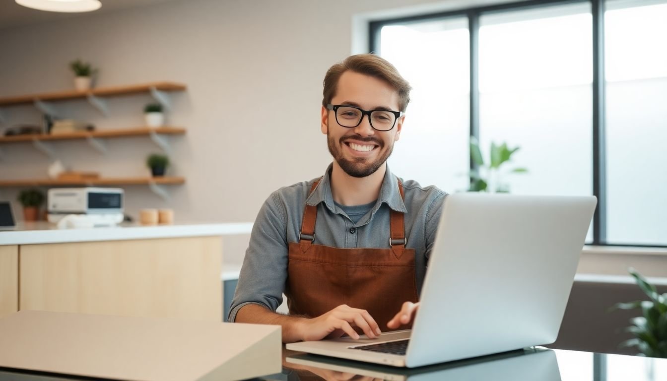 HVAC business owner at day 14 reviewing first week of AI receptionist bookings on laptop, relieved and satisfied expression