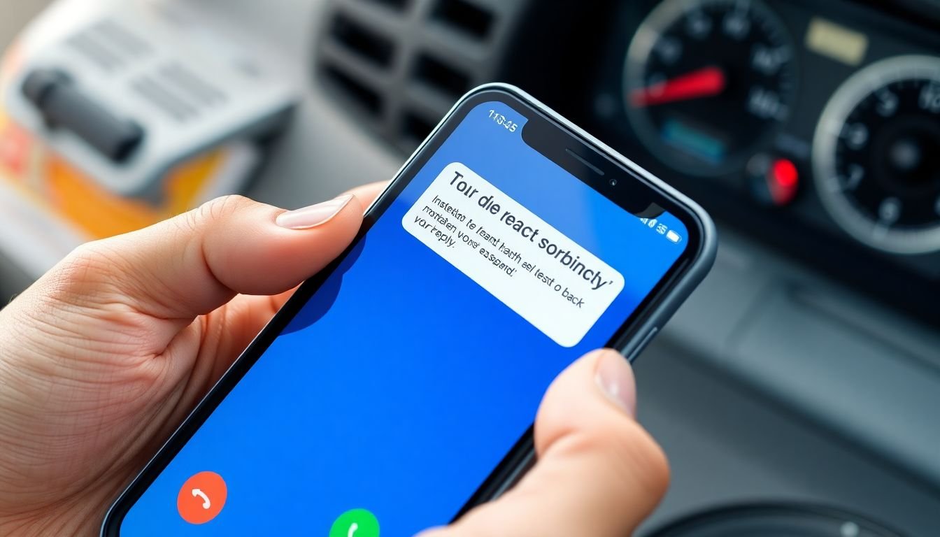Close-up of smartphone showing missed call notification with instant text-back reply thread, plumbing company branded, flat lay on work truck dashboard