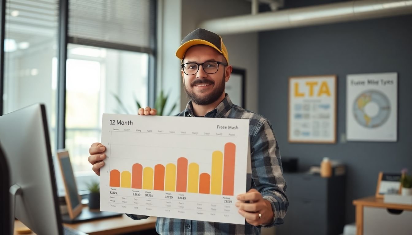 Plumbing company owner reviewing 12-month revenue comparison chart showing improvement after switching to AI receptionist, Houston Texas office