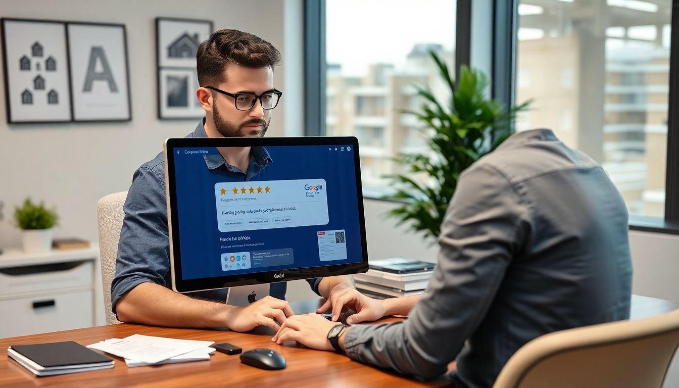 Roofing company owner reviewing automated Google review response queue on desktop, Dallas Texas office