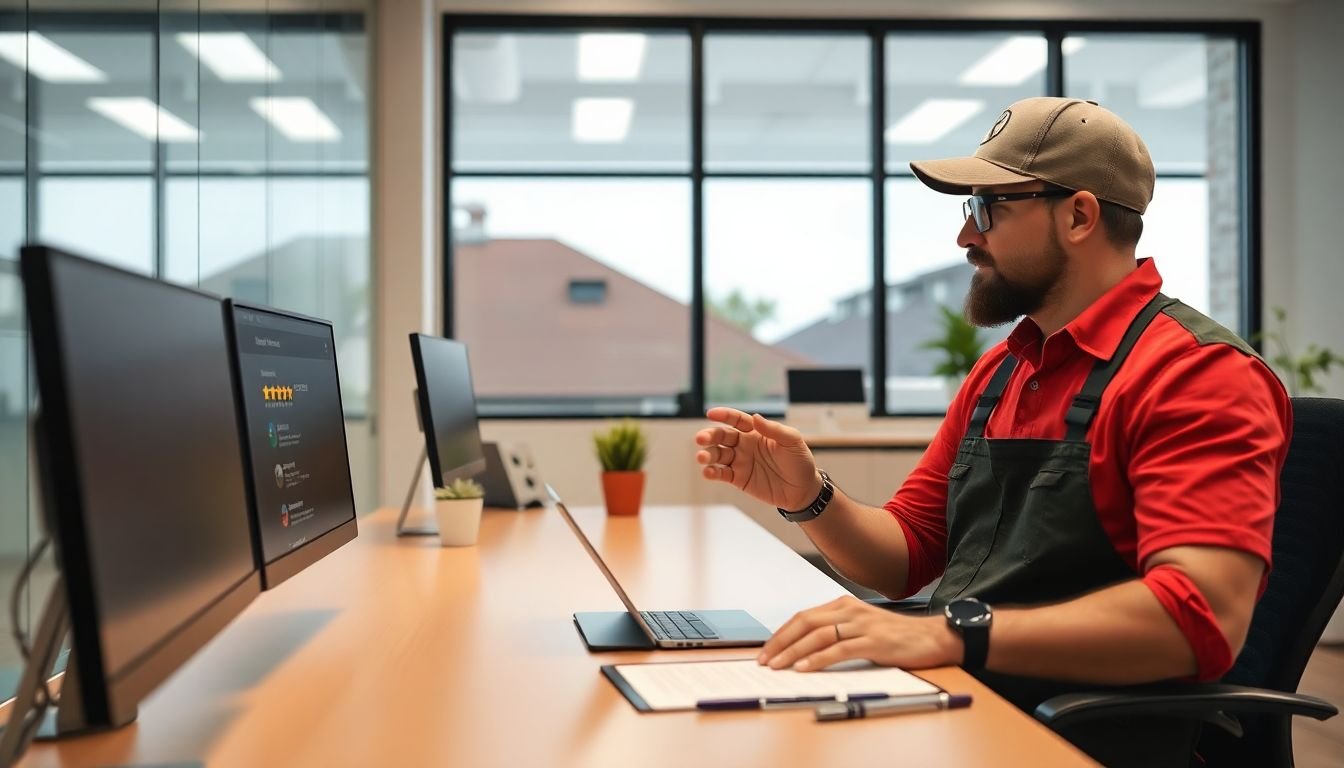 Roofing company owner reviewing Google review response analytics showing brand voice consistency, Dallas Texas office