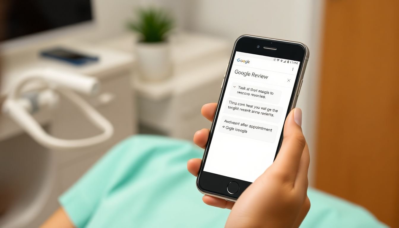 Dental patient receiving automated Google review request SMS on smartphone after appointment, Sugar Land Texas