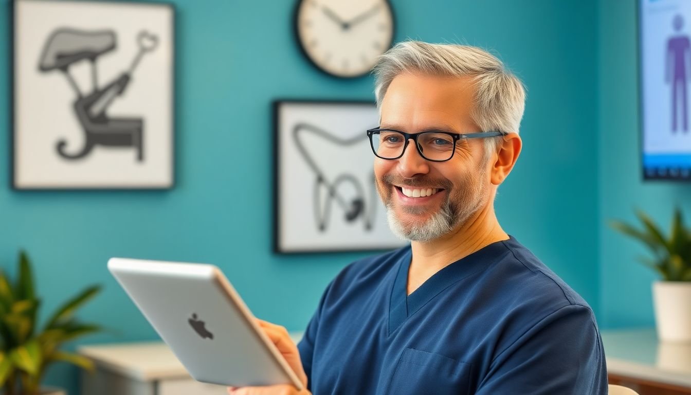 Dental practice owner reviewing Google Business Profile showing significantly more reviews, Sugar Land Texas