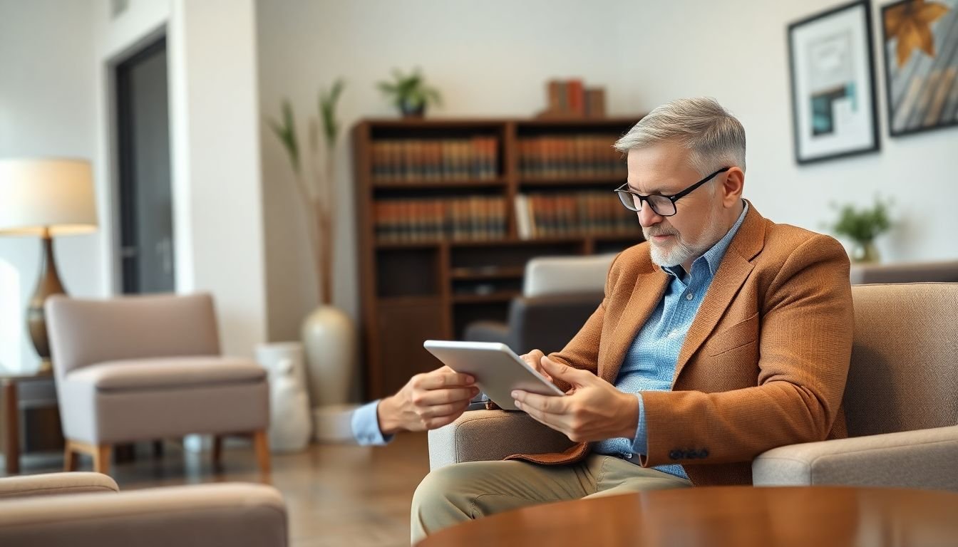 Bankruptcy client completing intake questionnaire on tablet in law office waiting room, compassionate professional environment
