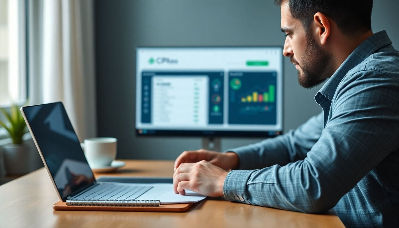Small business owner testing CRM demo on laptop with evaluation checklist on notepad