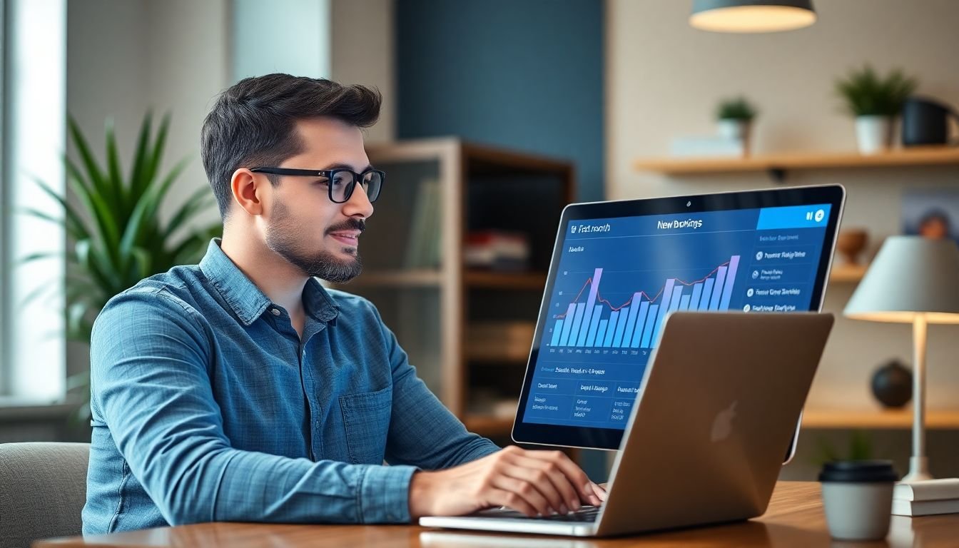 Small service business owner reviewing first month results after CRM implementation, new bookings on screen