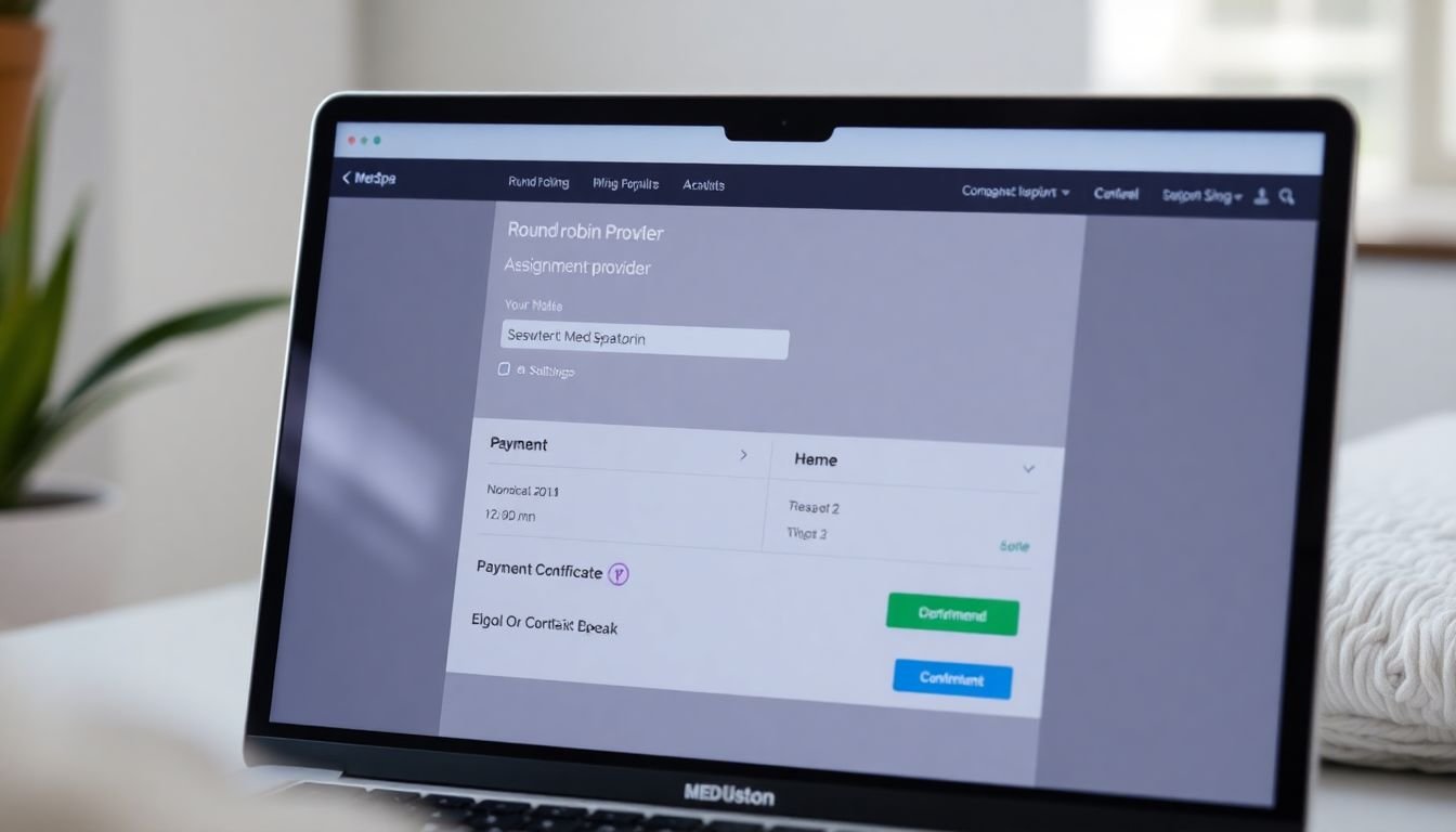 Med spa booking software showing round-robin provider assignment and payment deposit confirmation on screen, Houston Texas