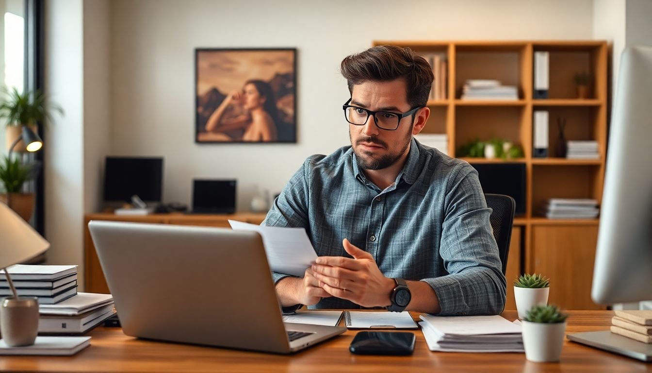 Business owner counting multiple software subscription invoices on desk, frustrated expression, Scottsdale Arizona office