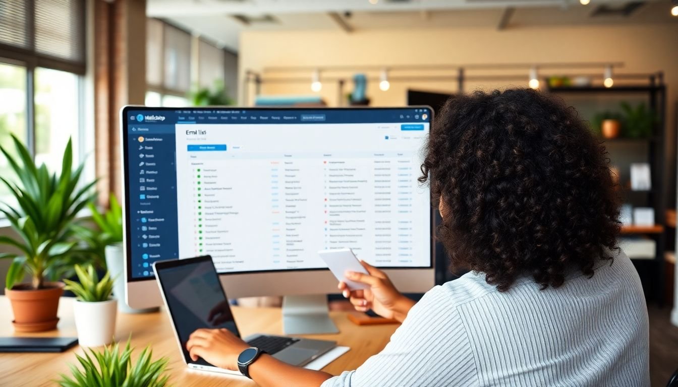 Business owner exporting email list CSV from Mailchimp dashboard, migration steps checklist visible, Charlotte North Carolina office