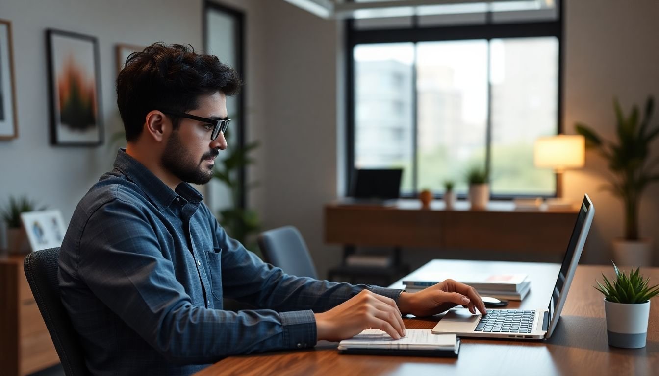 Business owner reviewing email migration completion on new platform with improved open rates, Charlotte North Carolina office