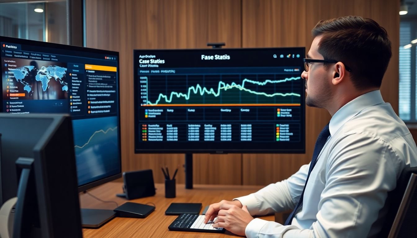 Plaintiff attorney reviewing automated case status pipeline on large monitor showing case stages, Houston Texas law firm
