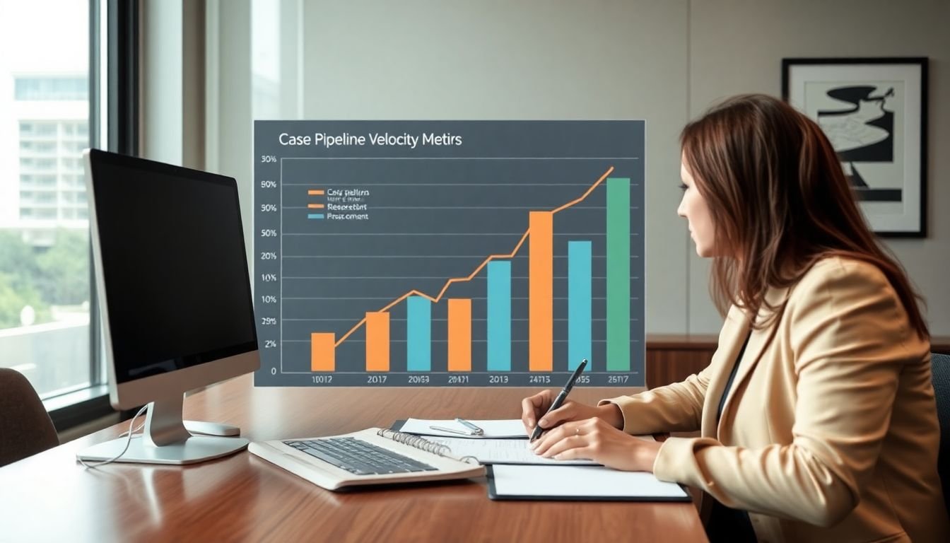 Plaintiff law firm partner reviewing case pipeline velocity metrics showing faster case progression, Houston Texas law office
