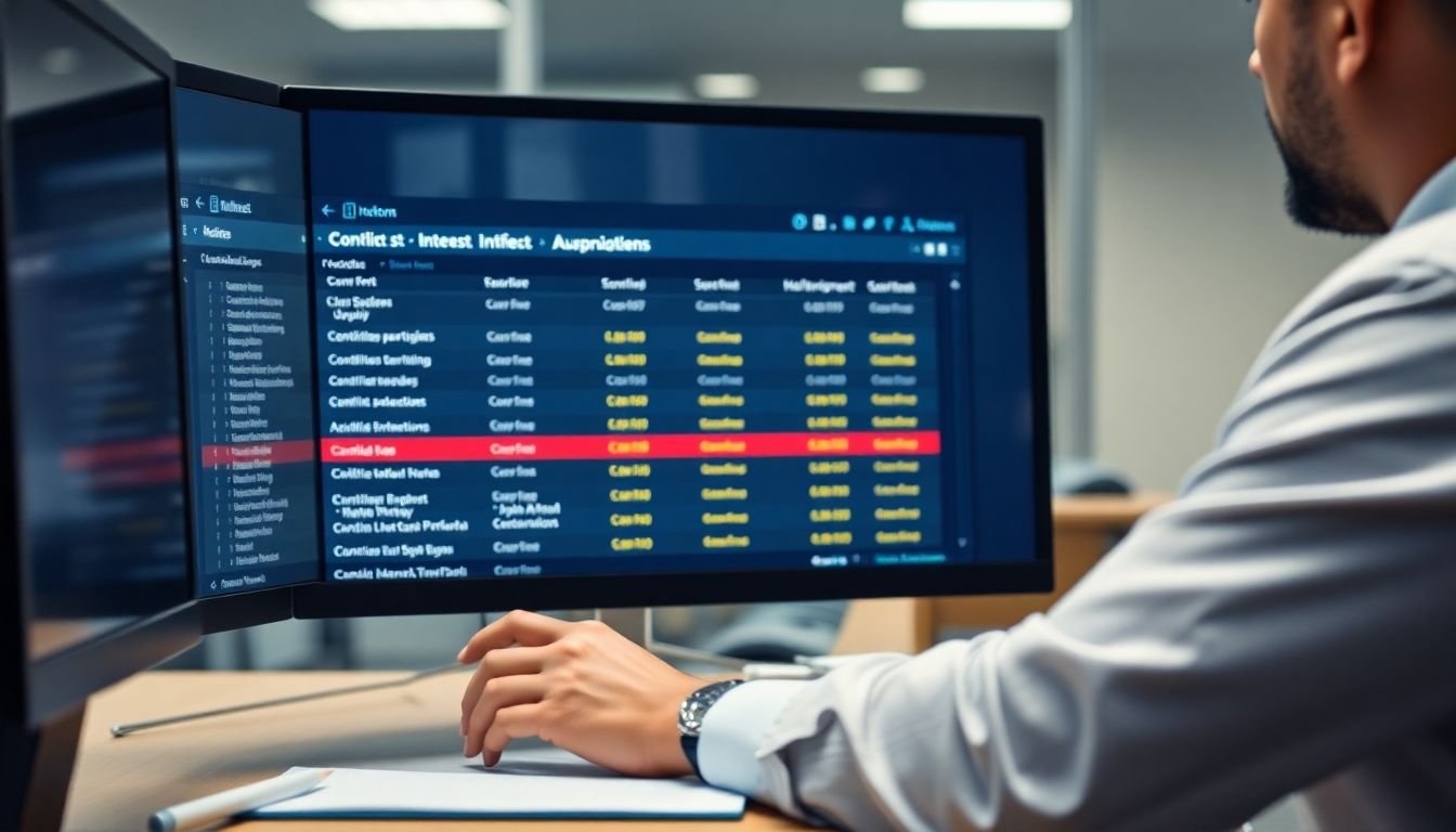 Attorney reviewing conflict of interest check results on computer screen, law firm database search visible