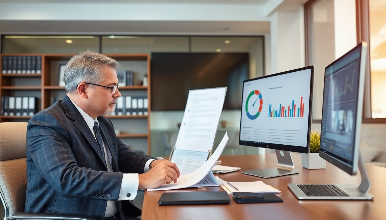 Law firm managing partner reviewing compliance audit results showing zero conflict incidents after automation, Austin Texas law office