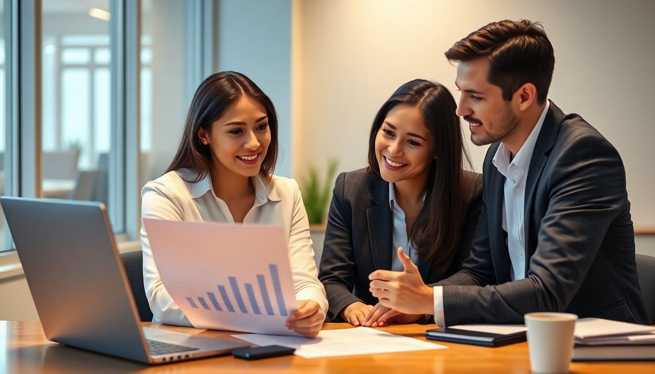 Family law practice manager reviewing intake conversion rate improvement chart, more clients helped with same staff, Dallas Texas