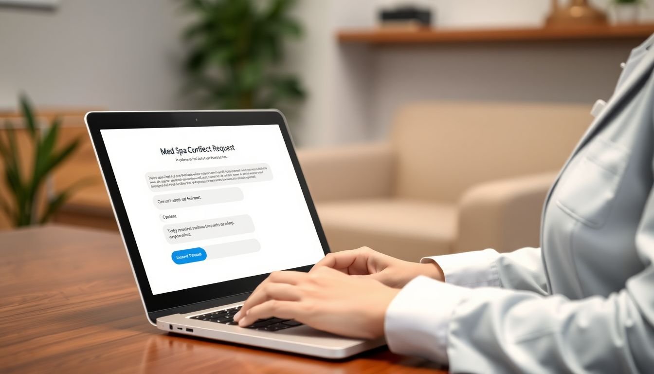 Med spa compliance officer reviewing HIPAA-compliant SMS review request template on laptop, Sugar Land Texas
