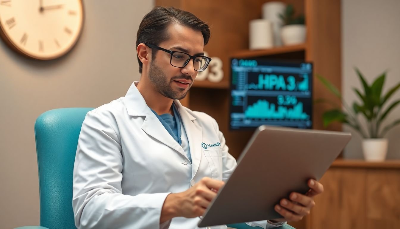 Med spa owner reviewing HIPAA compliance audit results alongside review request conversion metrics, Sugar Land Texas