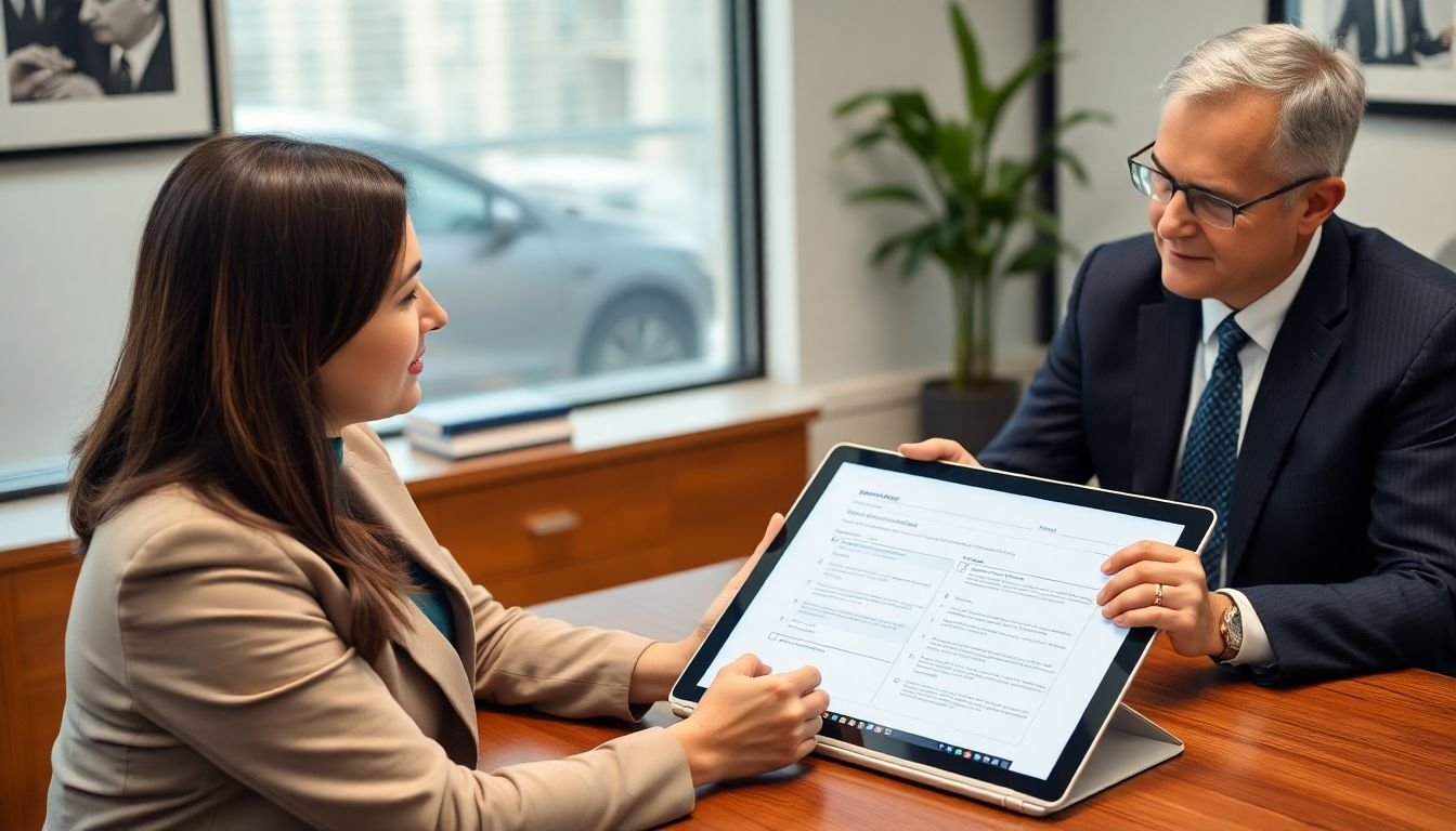 Immigration attorney at bilingual intake consultation reviewing multi-language intake form on tablet, Houston Texas office