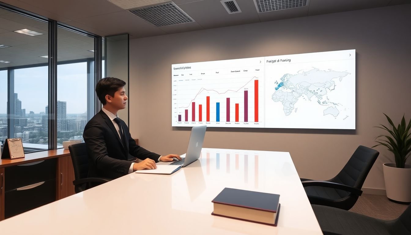 Immigration law firm partner reviewing multilingual intake volume growth on dashboard, Houston Gulfton area office
