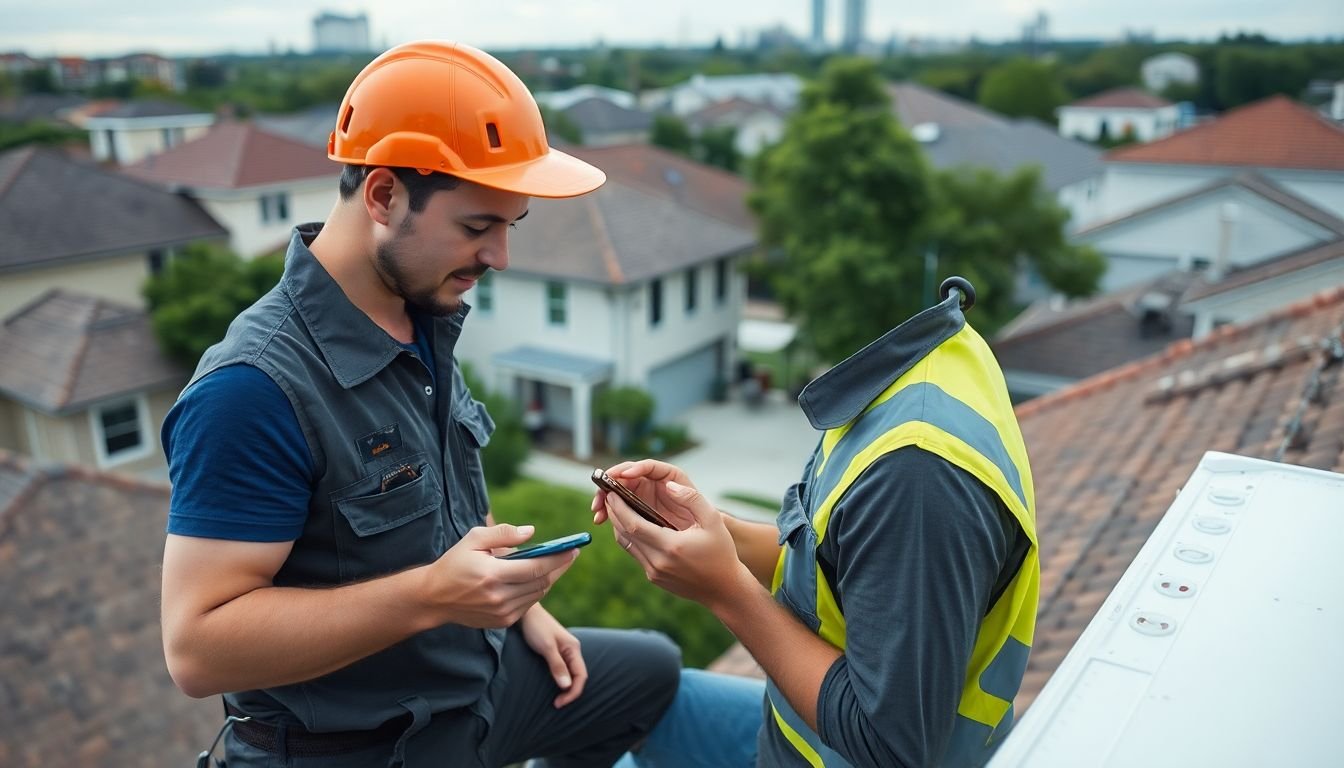 Houston HVAC technician reading text-back reply from customer on smartphone while on residential rooftop