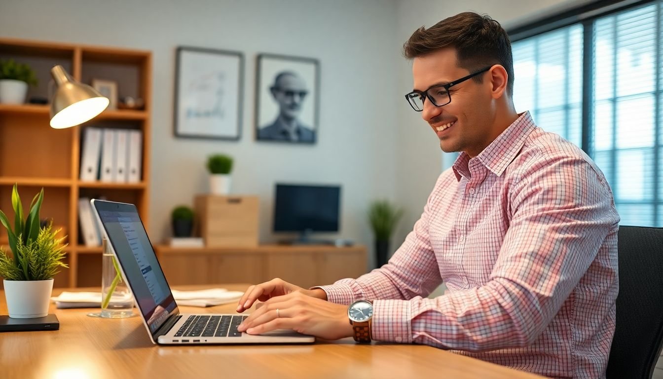 HVAC company owner reviewing recovered summer revenue numbers from missed-call text-back on laptop, Houston Texas office