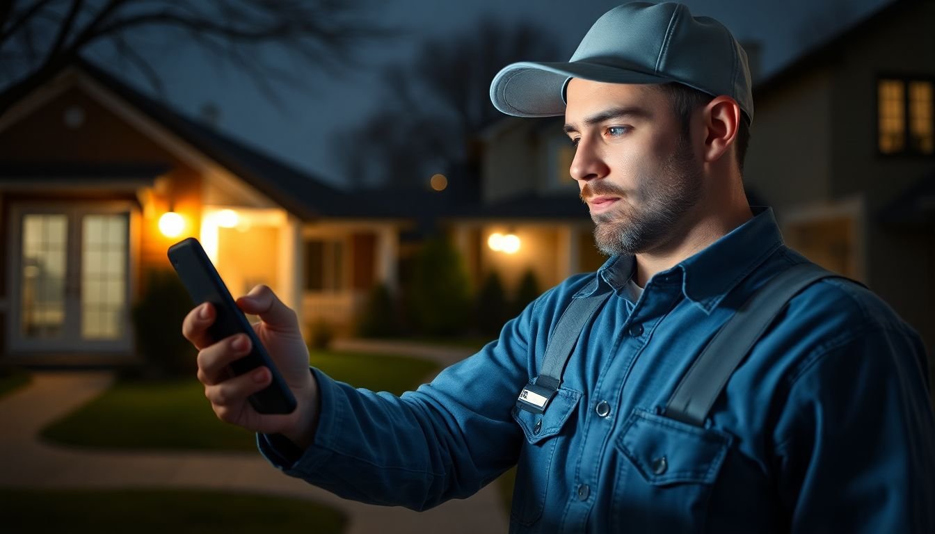 Plumber receiving urgent customer text reply on phone at 2 AM, emergency response, residential neighborhood
