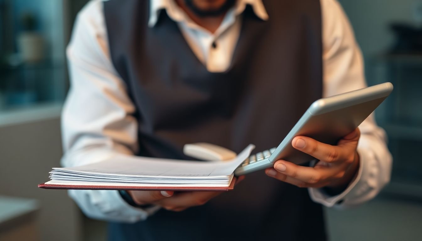 Service business owner with calculator and notebook calculating recovered revenue from missed calls