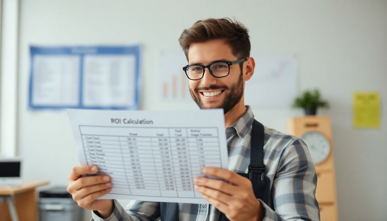 Service business owner reviewing completed ROI calculation spreadsheet showing annual recovered revenue, satisfied confident expression
