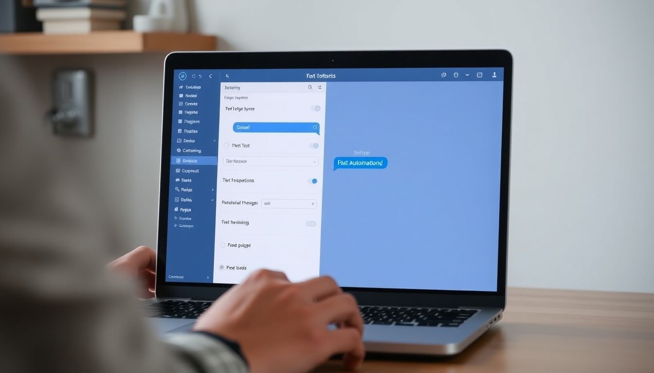 HVAC contractor configuring text message automation settings on laptop, step-by-step setup screen visible