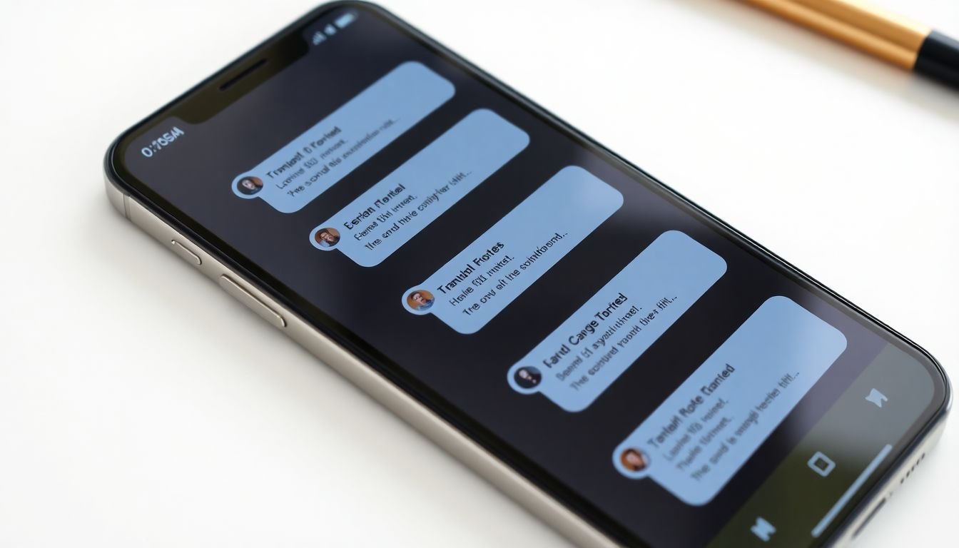 Smartphone screen showing multiple SMS text message templates in notes app, clean professional flat lay on desk