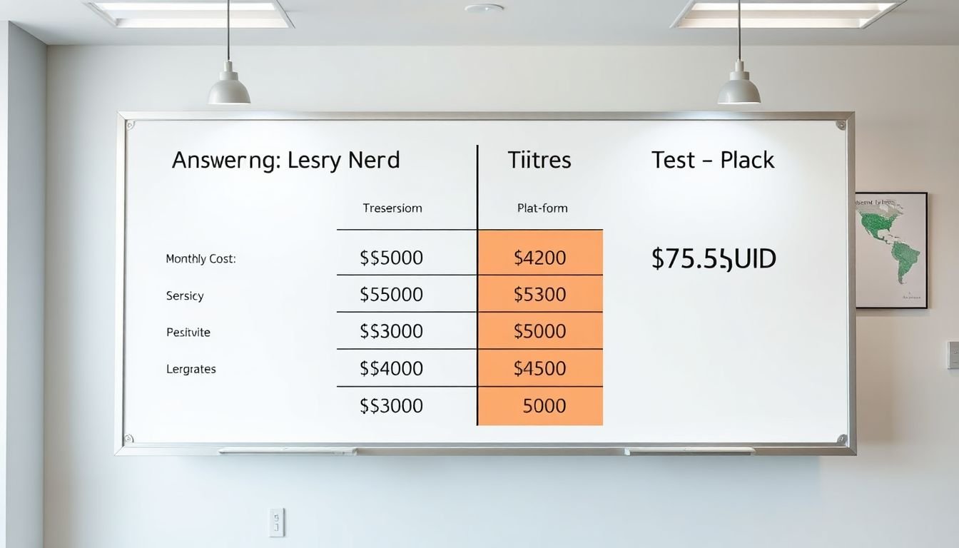 Cost comparison chart on whiteboard showing answering service monthly cost vs text-back platform, Nashville Tennessee office