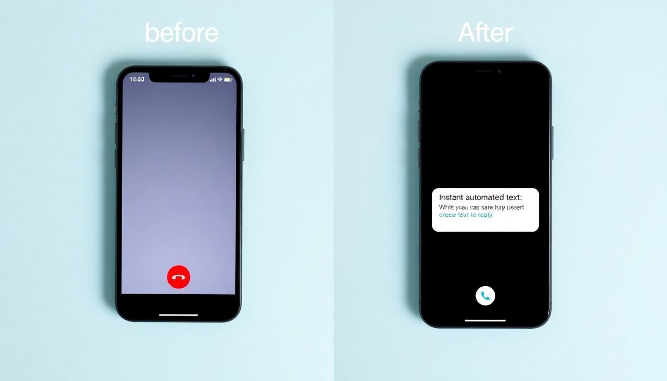 Before-and-after comparison of phone screen showing missed call vs instant automated text reply, clean flat lay