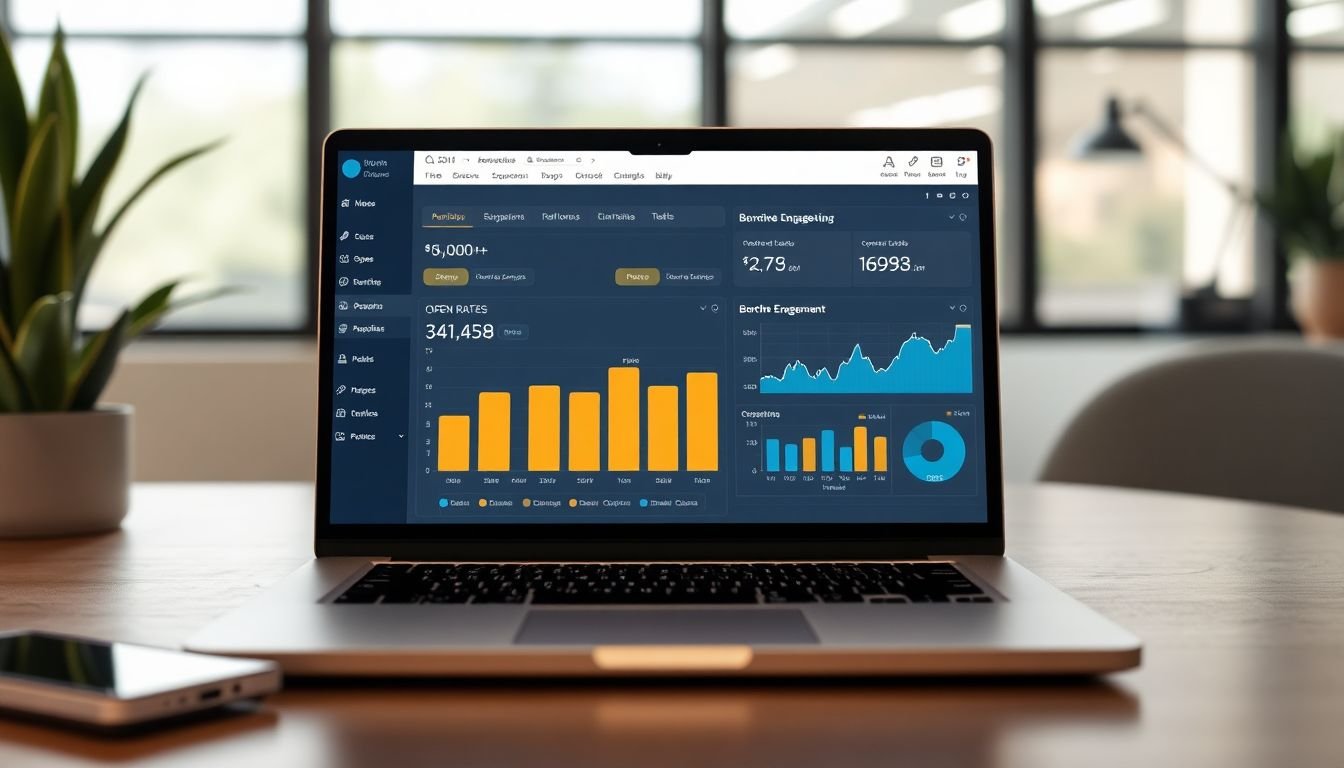 Email marketing campaign dashboard showing open rates and borrower engagement analytics on laptop, Austin Texas office