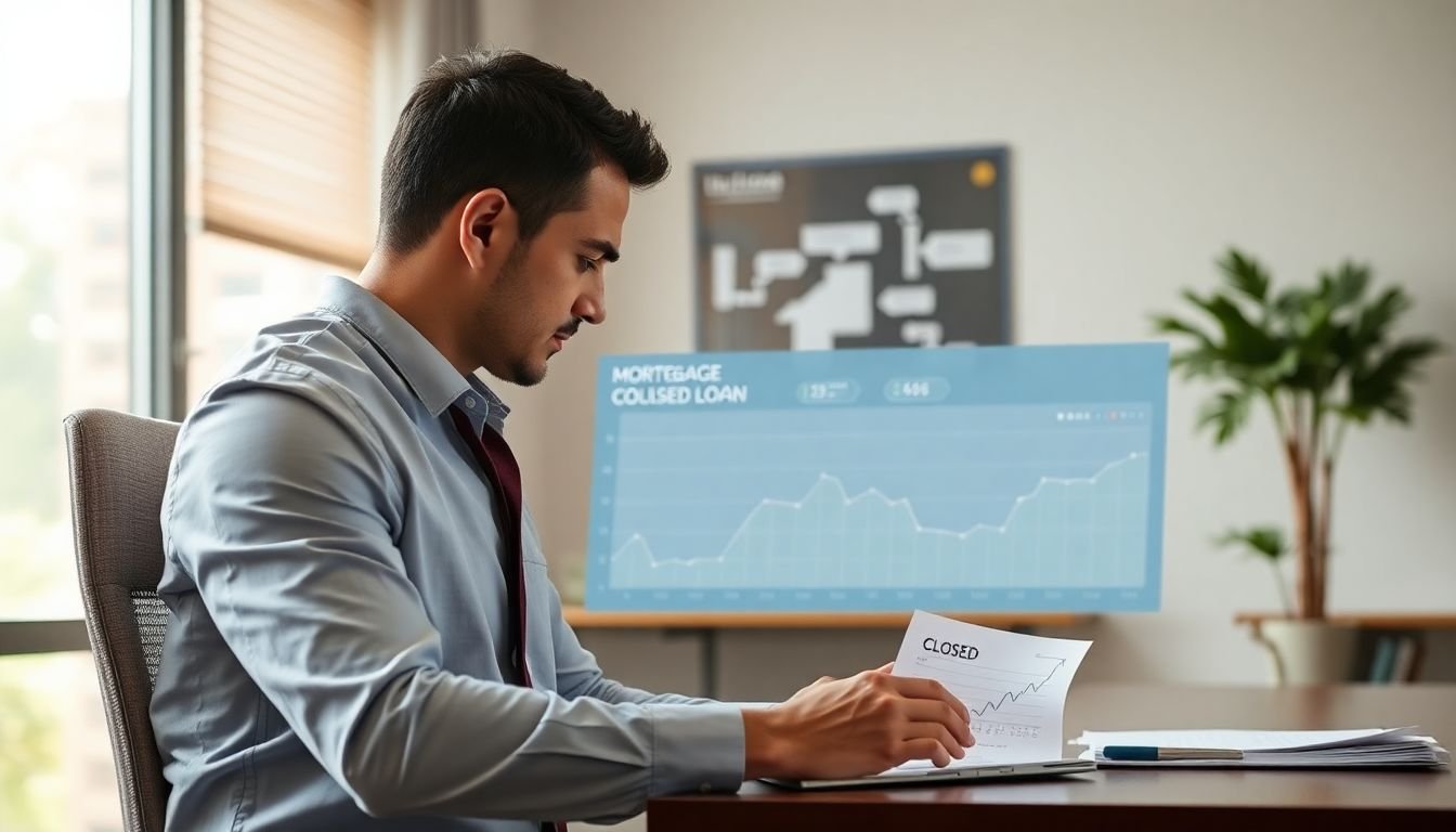 Mortgage broker reviewing closed loan pipeline showing drip campaign attribution, Austin Texas professional office